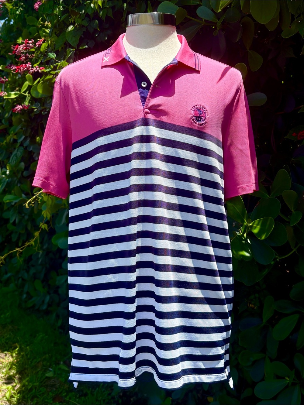 RLX Ralph Lauren Pink Pebble Beach Golf Polo Size L Performance Striped Logo